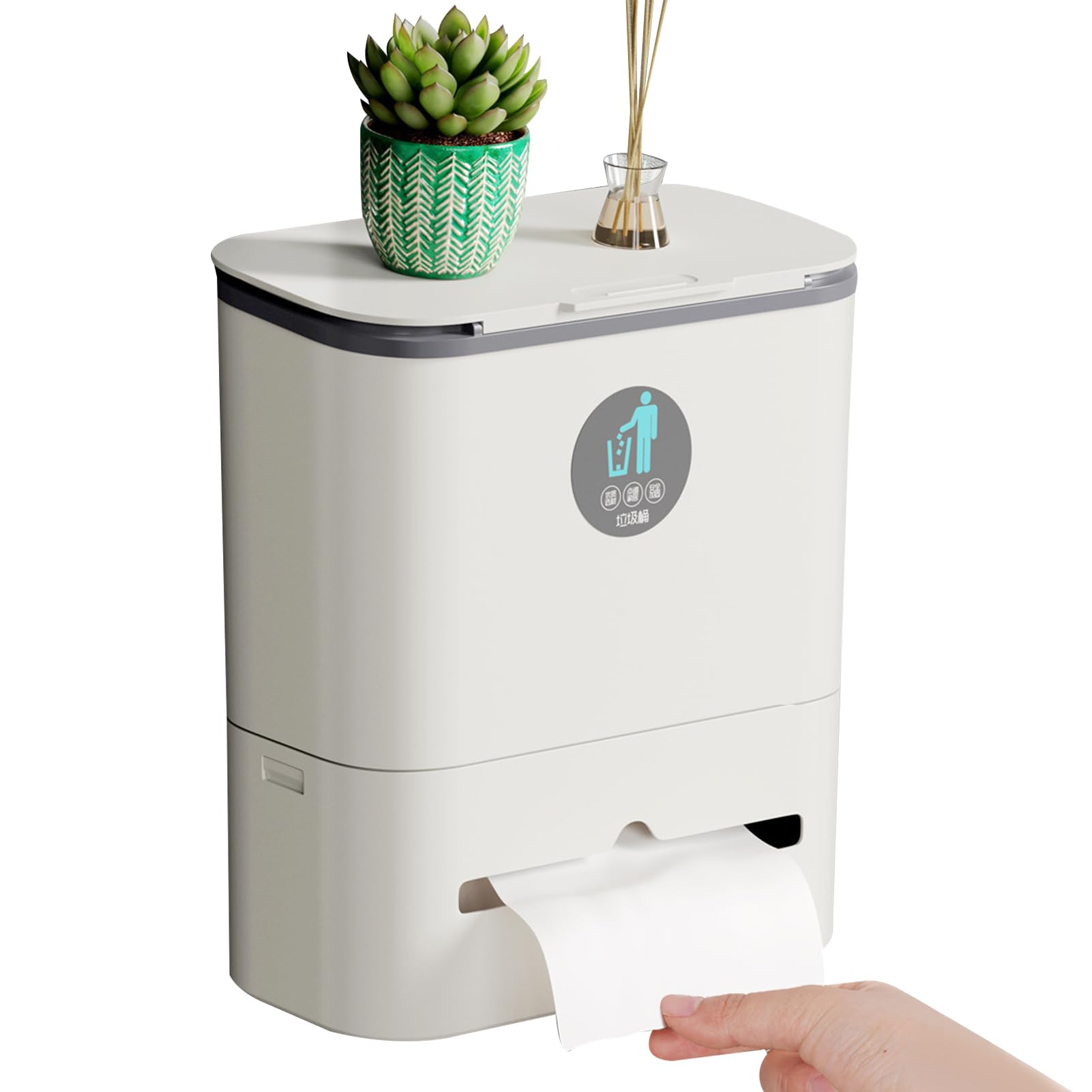 DAYONG Kitchen Compost Bin For Counter Top or Under Sink, 1.85 Gallon Hanging Trash Can with Sliding Lids,Wall-Mounted Garbage For Cupboard, Toilet,Bathroom, Bedroom, Office,Camping (White-grey)