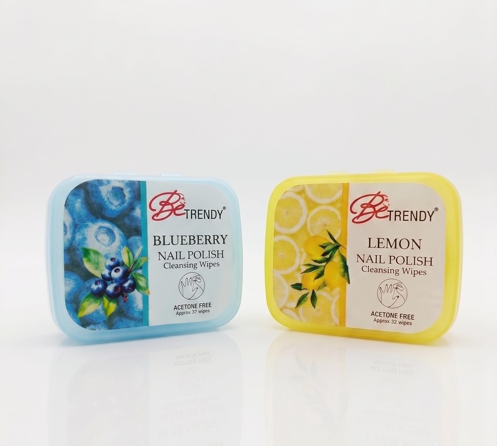 be trendy Nail Polish Remover Wipes Lemon and Blueberry Combo Pack of 2, Acetone-Free & Moisturizing for Women - 32 Count Each Soft Nail Wipes (Combo 2)-image-1