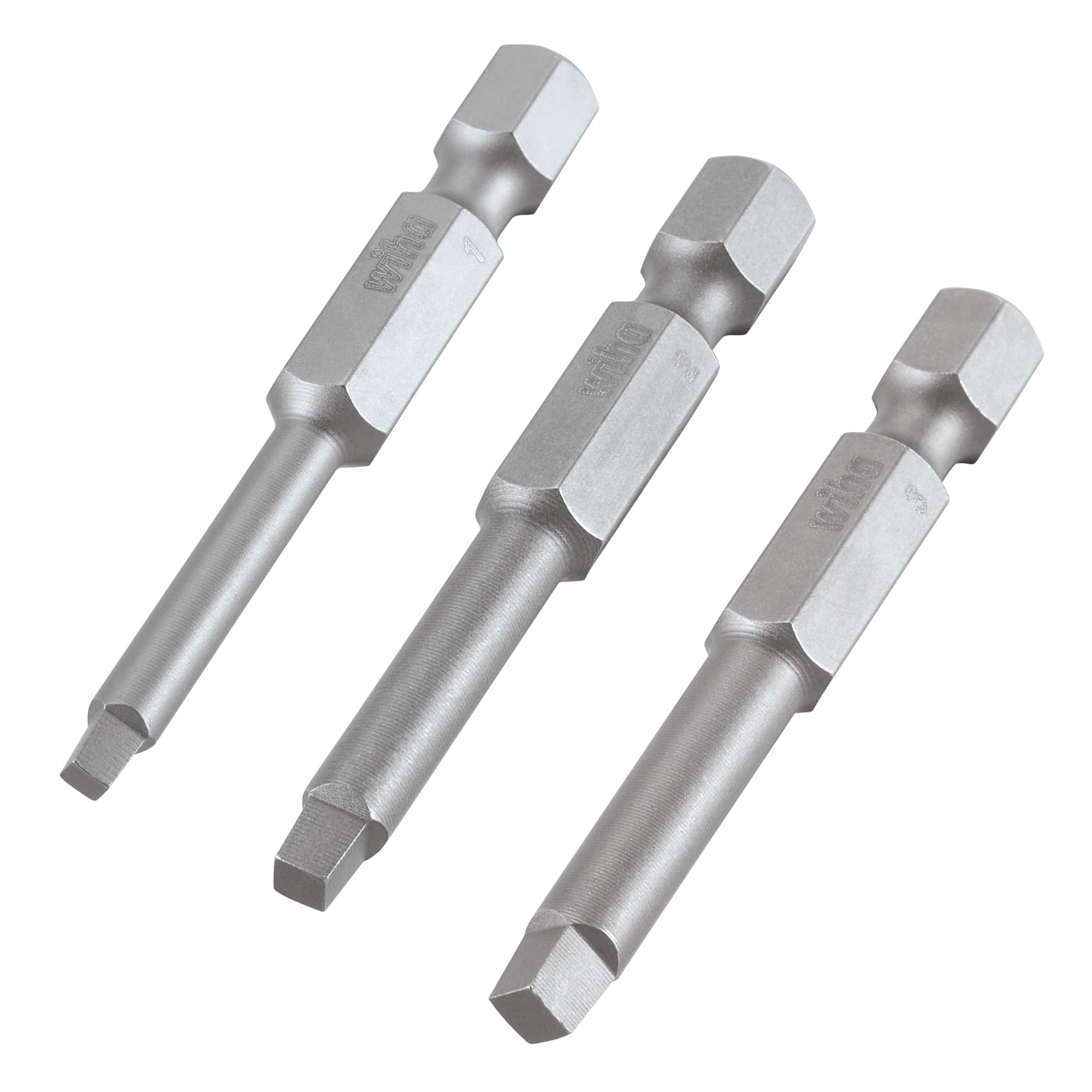 Snappy 3-Pack Robertson Square Drive Bits Set, 50mm Length, Quick Chuck Compatible, Sizes No.1, No.2, No.3, SNAP/SQ/123, Silver