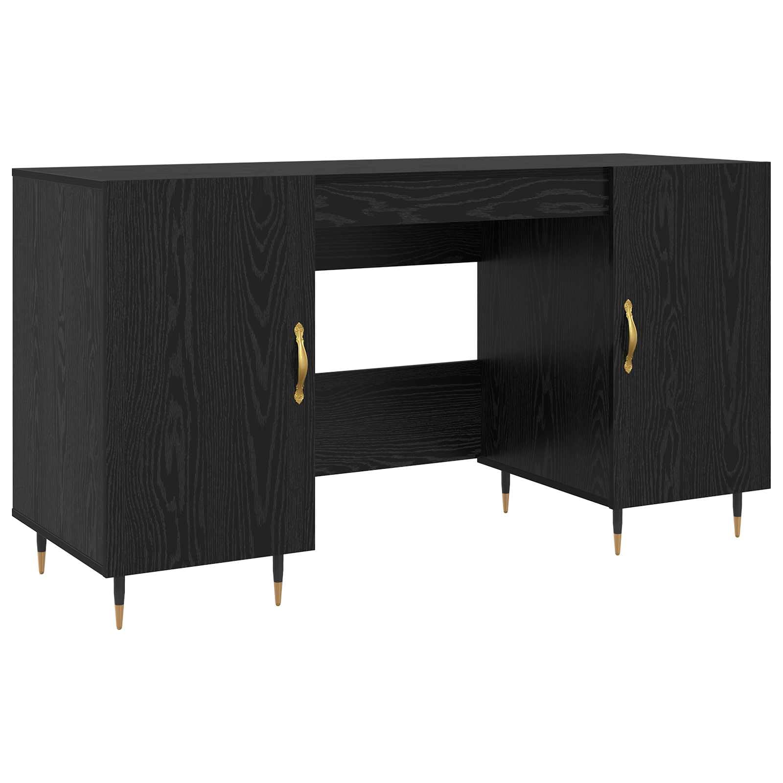Scrivania Nero Rovere in Legno Composito con Ripiani e Ante, 140 x 50 x 75