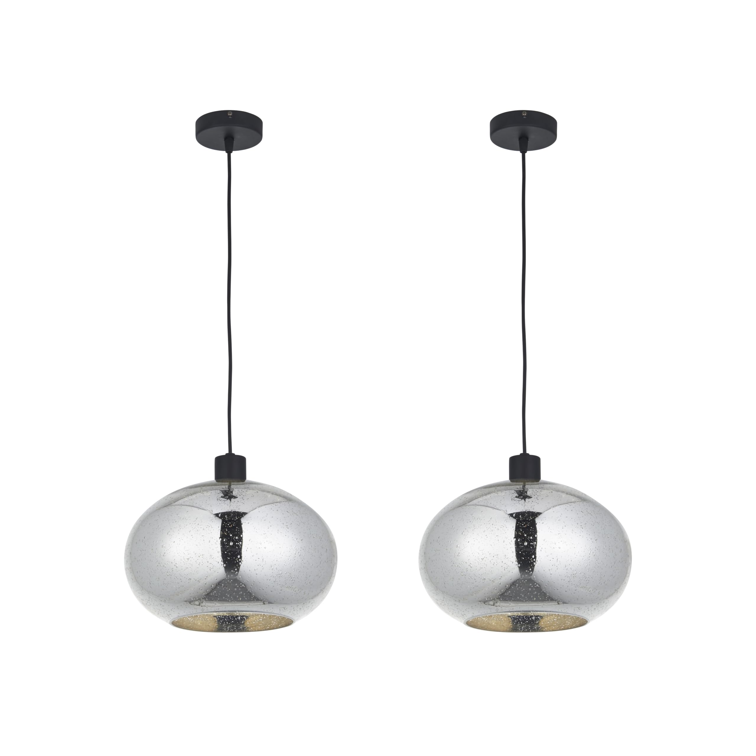 firstchoicelighting Set of 2 Chrome Bubble Glass Ceiling Light Pendants with Black Cable Kit, Height Adjustable, Diameter 30cm, Kitchen Island Dining Lighting