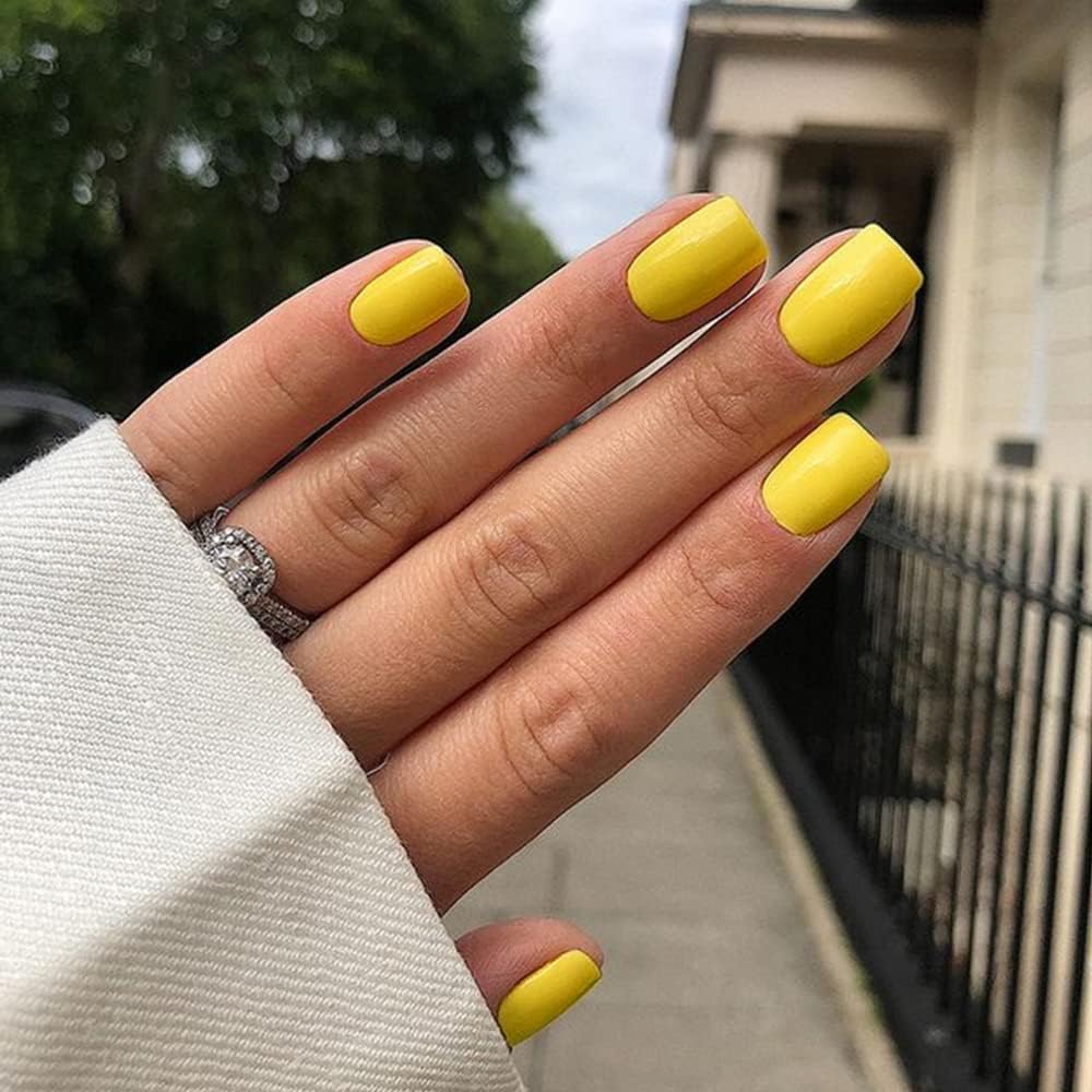 SXVME Yellow Press on Nails Short Square Acrylic Short False Nails Coffin Natural Acrylic Fake Nails Set Elegant Solid Color Full Cover Glossy Gel Stick on Nail for Women Daily Wear 24 Pcs - Image 3