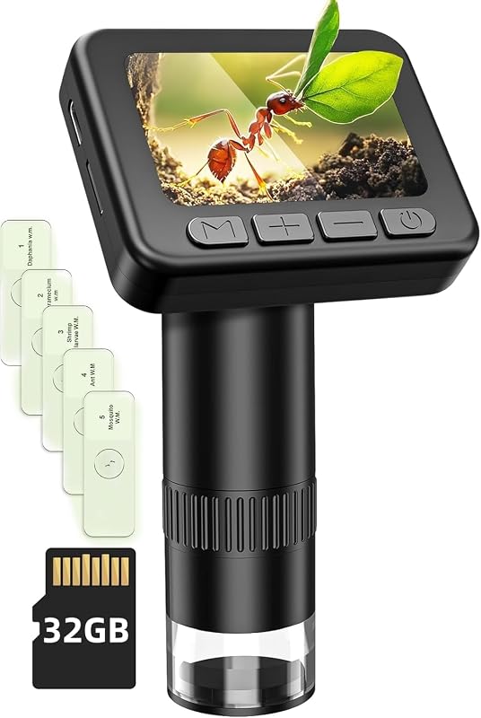 Microscope for Kids 50X-1000X Magnification- 2 inch IPS HD Screen, 32GB storage Card, 1080P Video, 2-Hour Battery Life, Easy Carry, Slides Included - Perfect Science Kit Gift for Kids Ages 8-12