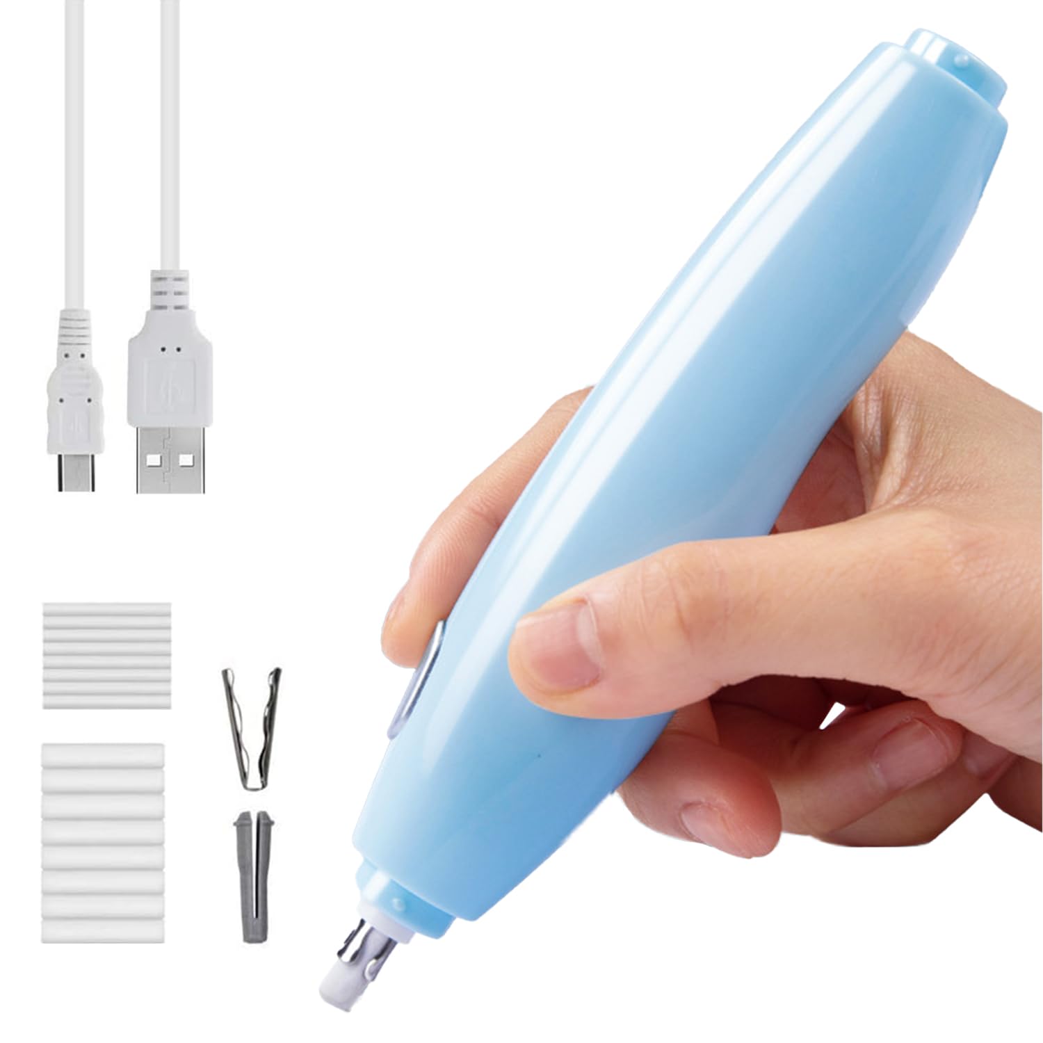 AquaFalcon Electric Eraser for Artists, 140 Refills, Rechargeable, Quiet, Comfortable, Round Plastic Blue Electric Eraser for Drawing, Sketching, Drafting, Painting, Architectural Plans, Detailer Tool