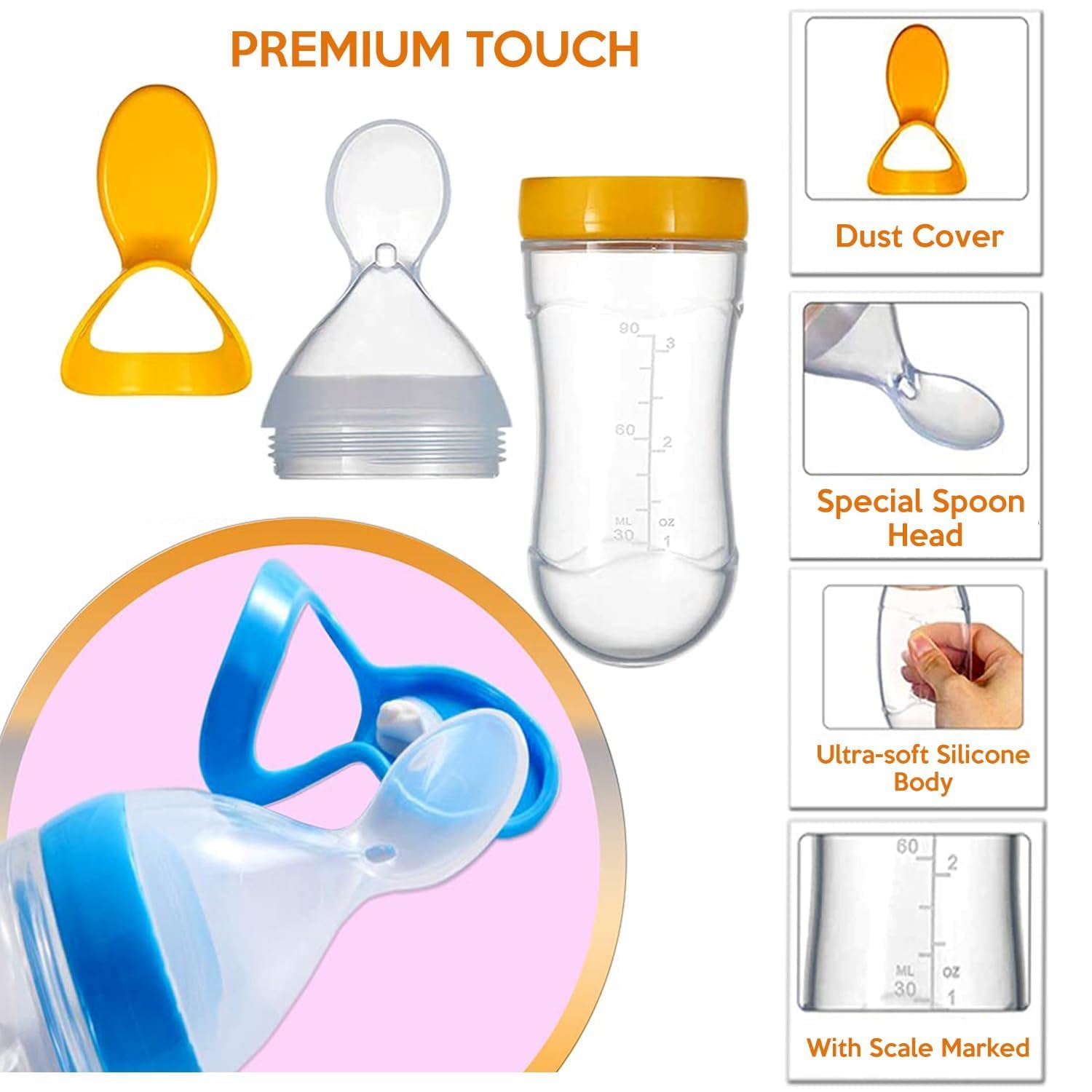 Kritiu Baby Feeding Combo-Spoon Bottle, Finger Toothbrush, And Baby Bib Set|Bpa-Free & Safe For Infants|Easy To Clean|Yellow, Set Of 3, 90 Ml - Image 9 thumbnail