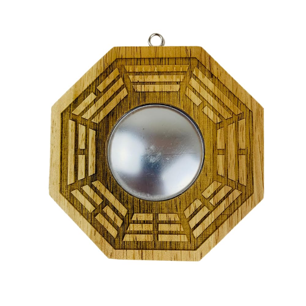 Chinese Traditional Feng Shui Wood Bagua Convex Mirror Lucky Fengshui Gift Hang The Front Door (Style2-S)