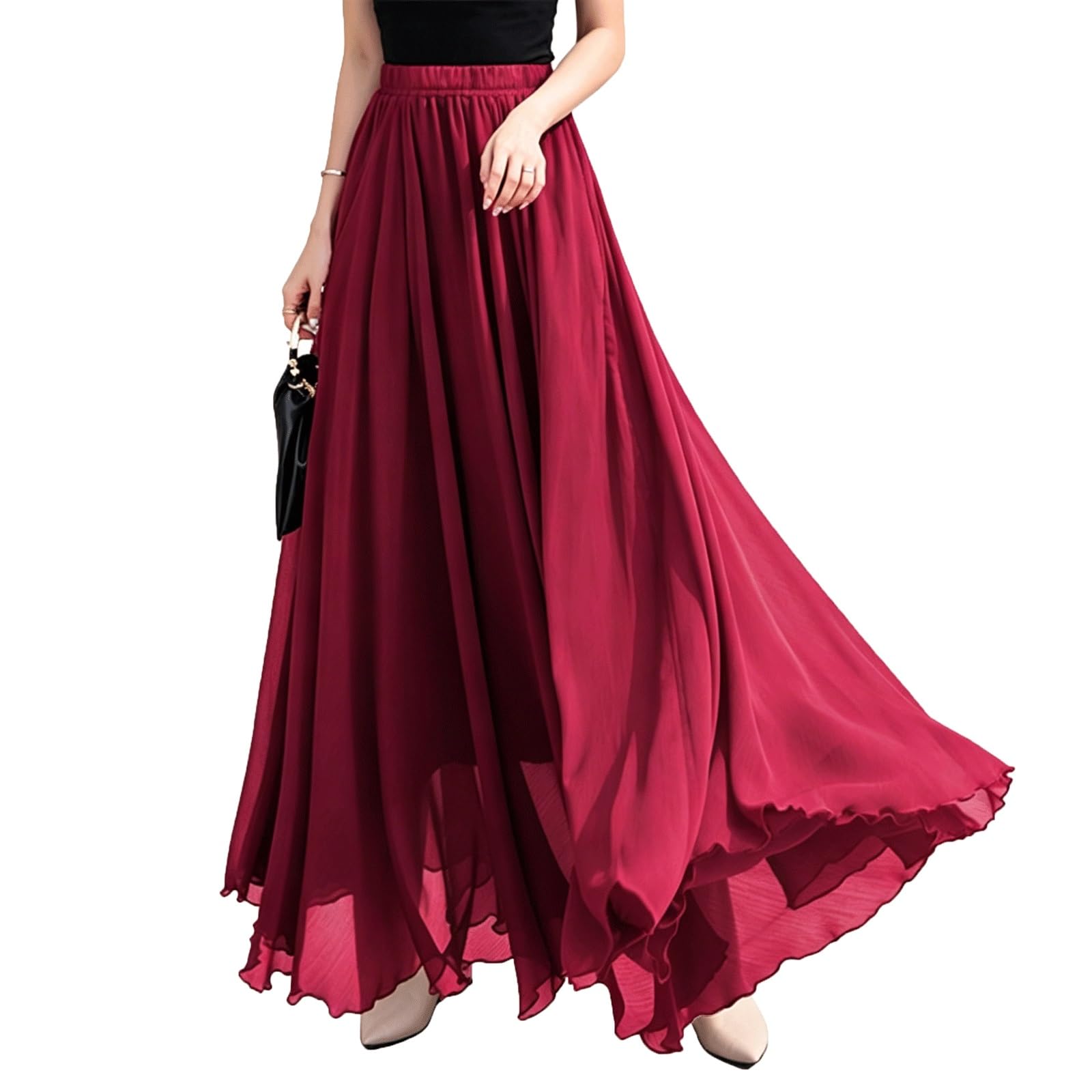 DUddTTW Solid Color Women's Maxi Skirts High Waisted Midi Swing Skirt Casual(Wine Red,Lagre)