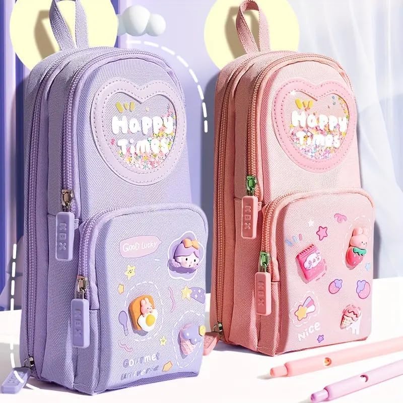 Image of Invite Enterprise Three Layer School Bag-Shaped Pencil Pouch, Large-Capacity Pencil Pouch with Zipper, Multipurpose Pen & Pencil Case for School Supplies for Boys & Girls (Pink - Happy TIME)