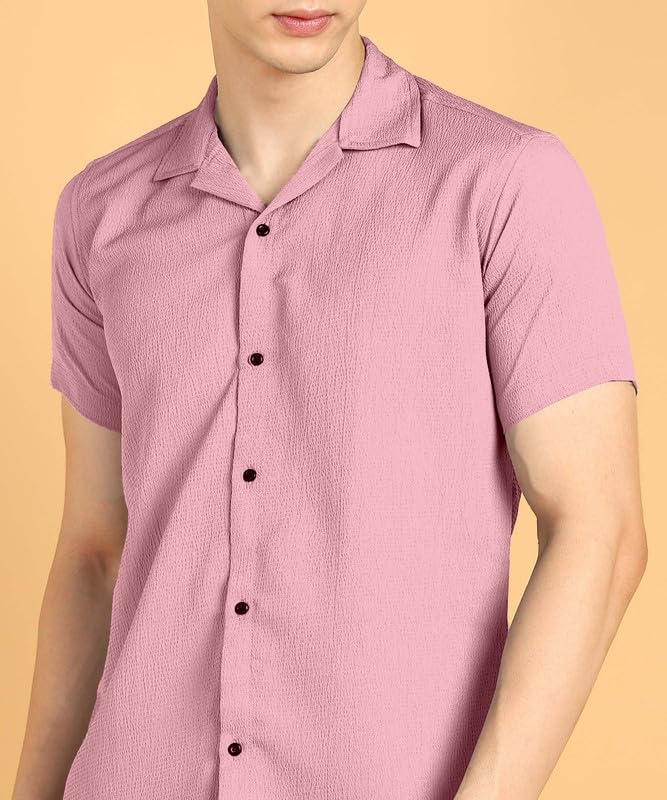 Image of COMBRAIDED Men's Solid Cotton Blend Half Sleeve Shirt - Regular Fit Casual Button-Down Shirt for Office & Travel - Summer & Spring