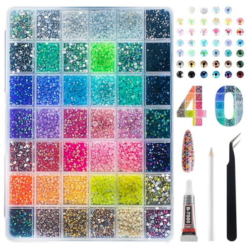 40 Colors Resin Jelly Rhinestones for Bedazzling Kit 32000 Pcs 3mm Flatback Gems with B7000 Glue Tweezers & Pickup Pen for DIY Nail Art Clothing Shoes Phone Cases Diamond Art Crafts