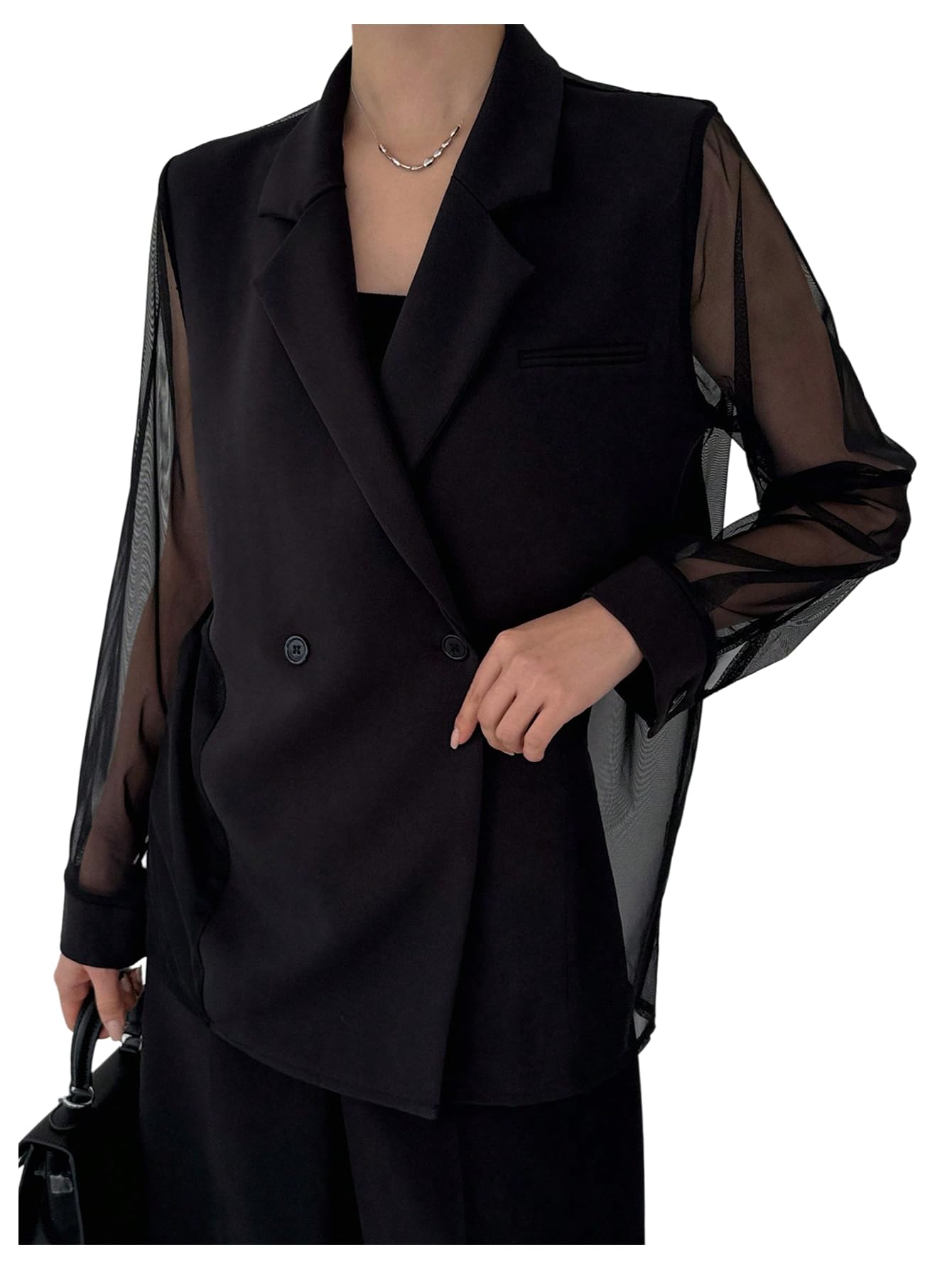 GORGLITTER Womens Double Breasted Mesh Blazers Sheer Long Sleeve Lapel Neck Business Office Dress Jacket