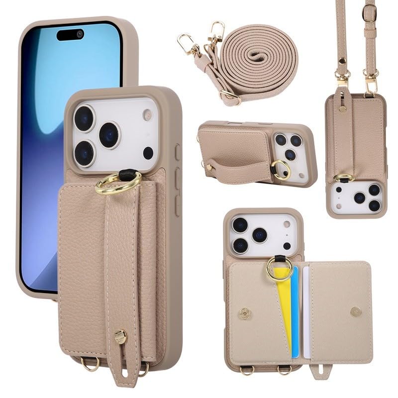 Coque à rabat iPhone 17 kaki avec sangle pour garder les mains libres