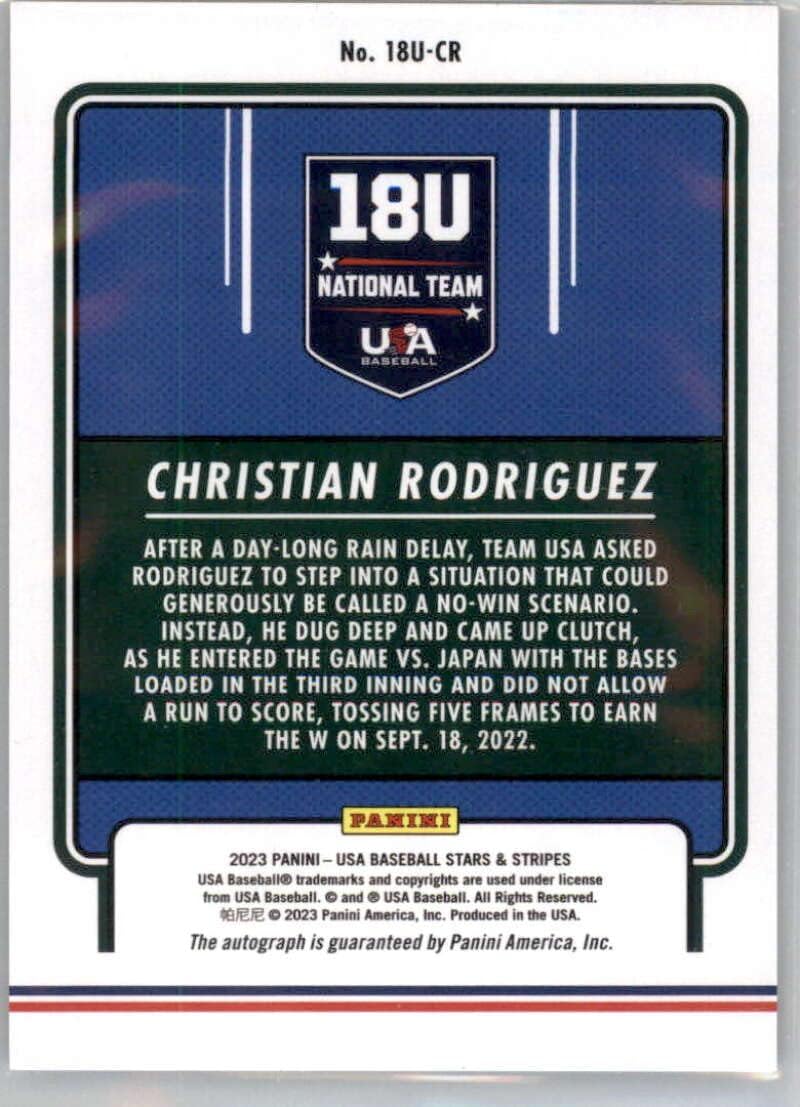 2023 Panini USA Stars and Stripes 18U National Team Signatures Holo #18 Christian Rodriguez Auto Autograph SER/100 USA Baseball 18U National Team Official USA Baseball Trading Card in Raw (NM or Better) Condition