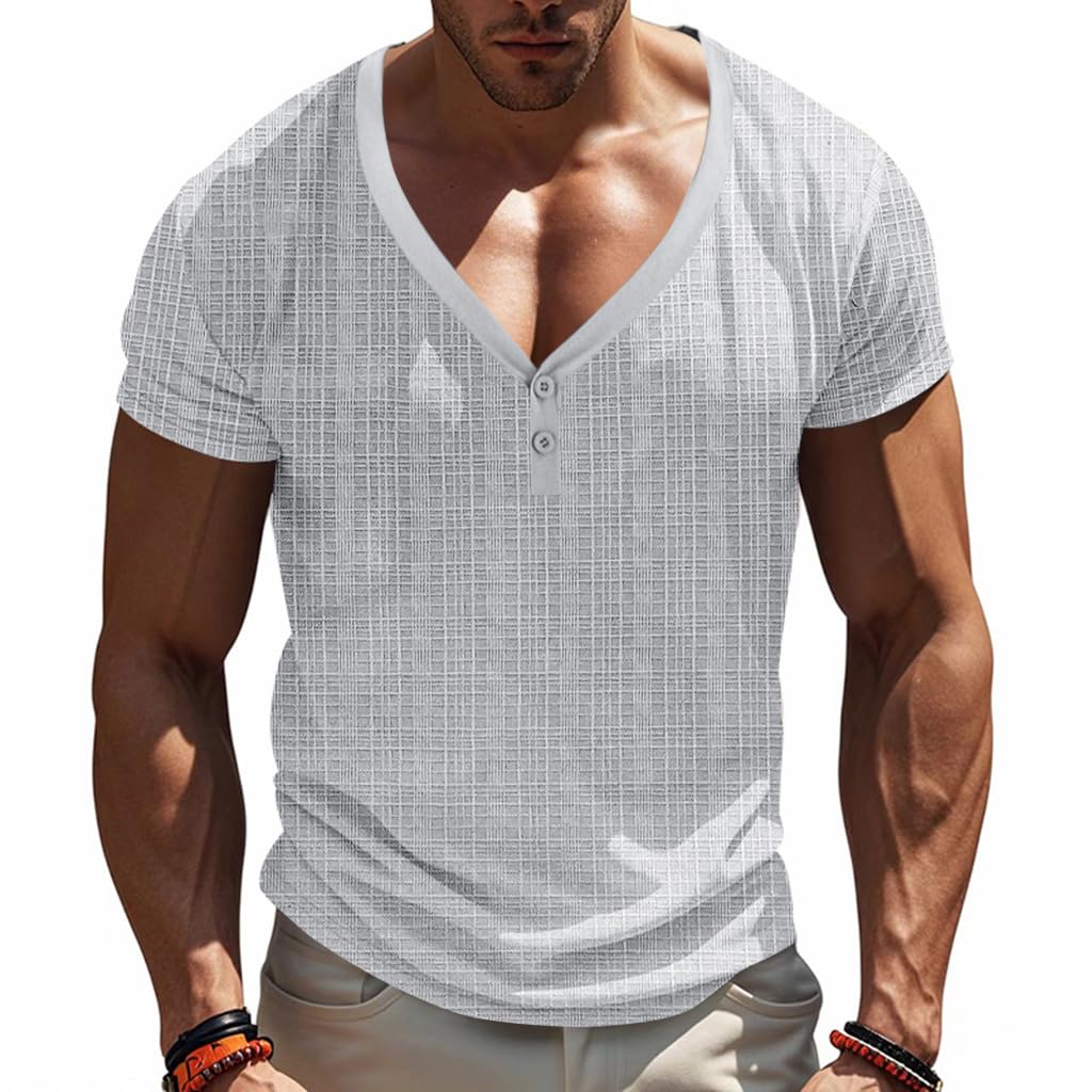 Camiseta casual con cuello en V profundo para hombre, camiseta Henley de manga corta para hombre, camiseta de verano con textura de gofre
