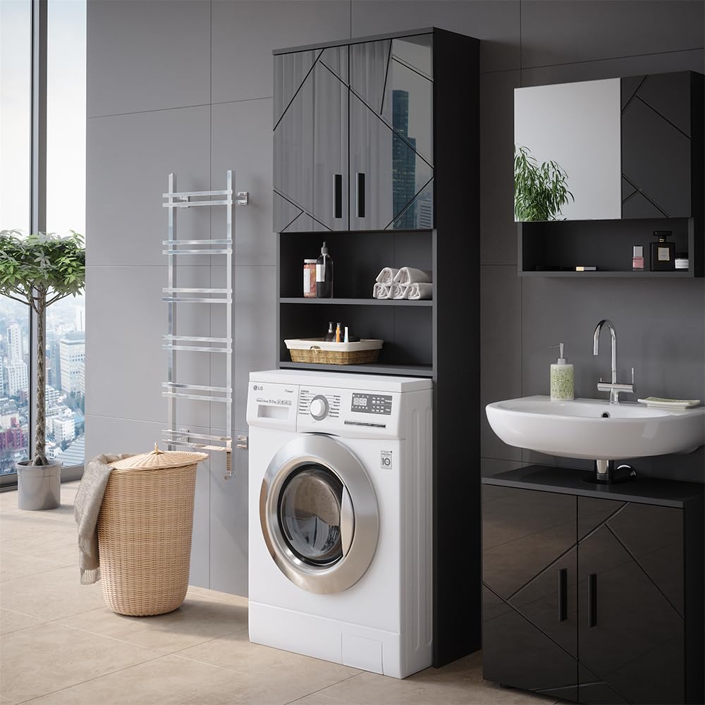 Vicco Armoire pour Machine à Laver Irma, Anthracite Haute Brillance, 64x190.5cm, Convient pour Le Rangement et comme surélévateur pour Machines à Laver
