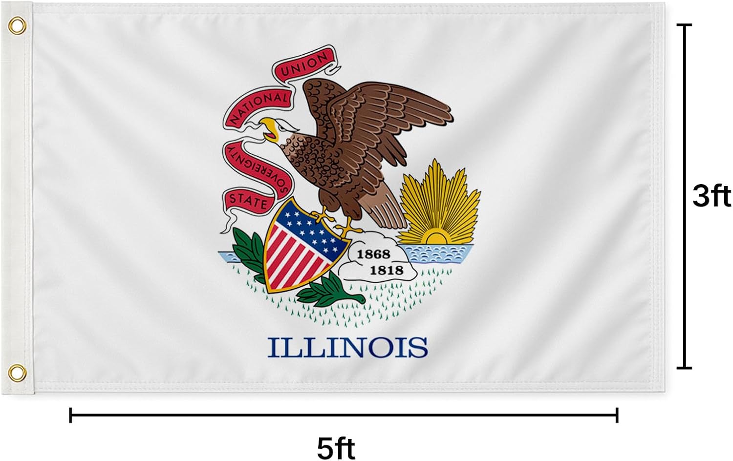 AGAS Illinois State Flag 3x5 Ft - Single Ply Reverse Print on Back 200D Nylon 100% Bleed Through - Brass Grommets Stitched Edges Fade Proof Sharp Colors - Indoor/Outdoor Standard Size Illinois Flag