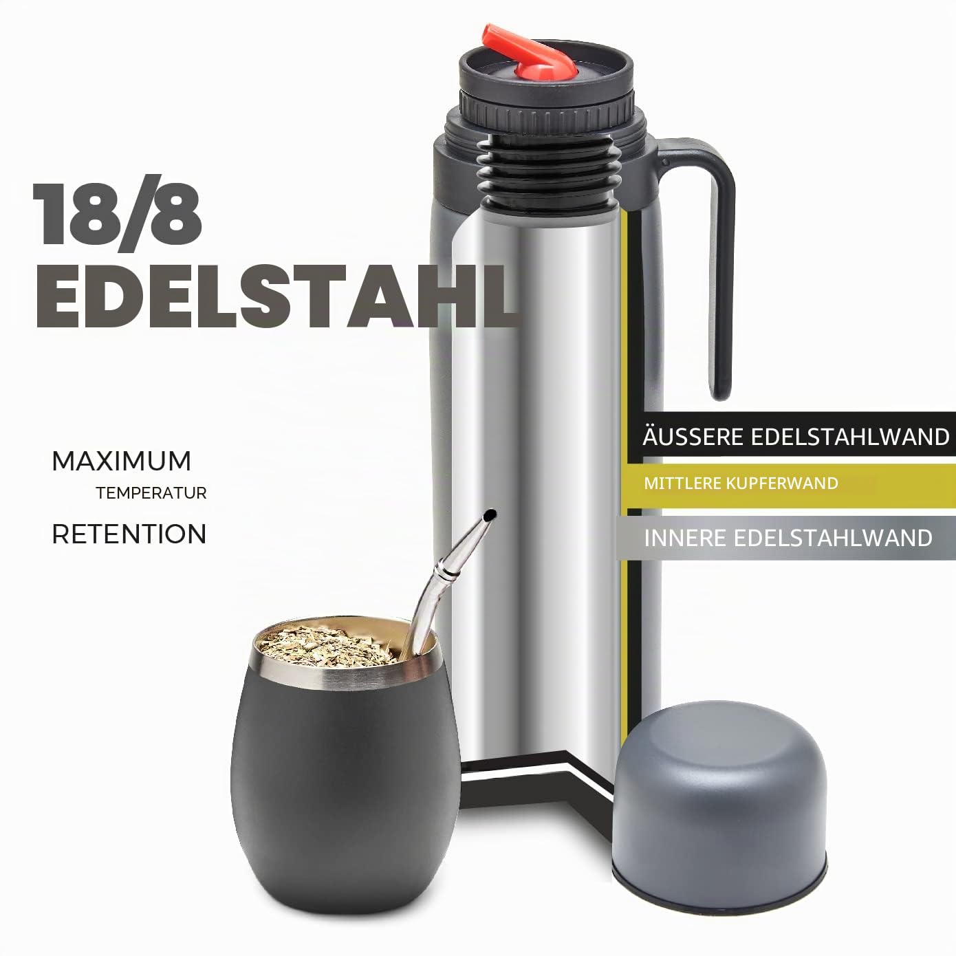 BALIBETOV Komplettes Yerba Mate Set – Moderner Mate Gourd, Thermos, Yerba Behälter, zwei Bombillas und Reinigungsbürste im Lieferumfang enthalten – Alle Premium Qualität 304 18/8 Edelstahl