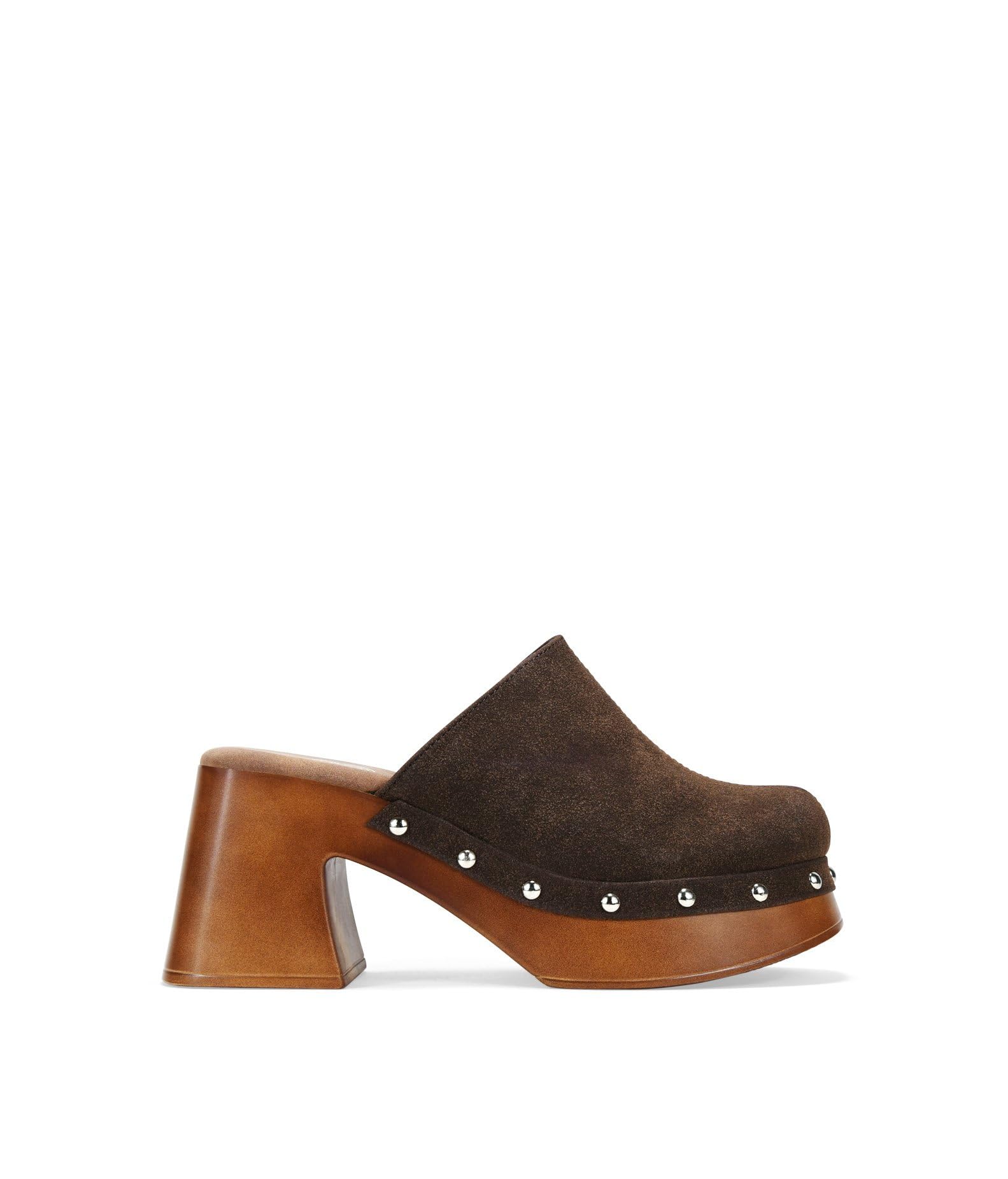 BOSANOVA Zoccoli realizzati in camoscio con dettaglio di borchie metalliche, tacco largo svasato e piattaforma anteriore. Senza chiusura. Scarpe da donna