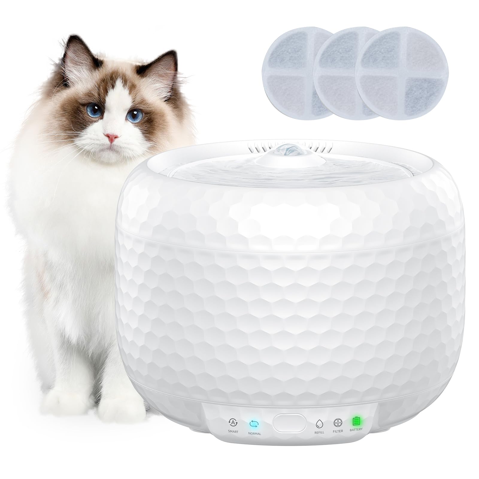Petsuper Automatic Cat Water Fountain 61oz/1.8L, Ultra Quiet Pump, BPA-Free & Detachable for Easy Cleaning, Includes 3 Replacement Filters (White, ABS