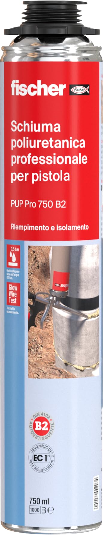 Fischer Schiuma Poliuretanica Professionale PUP 750 per Pistola, Resistente alla Pressione e al Fuoco B2, Riempitiva, Isolante, Sigillante, Espansa, 9292