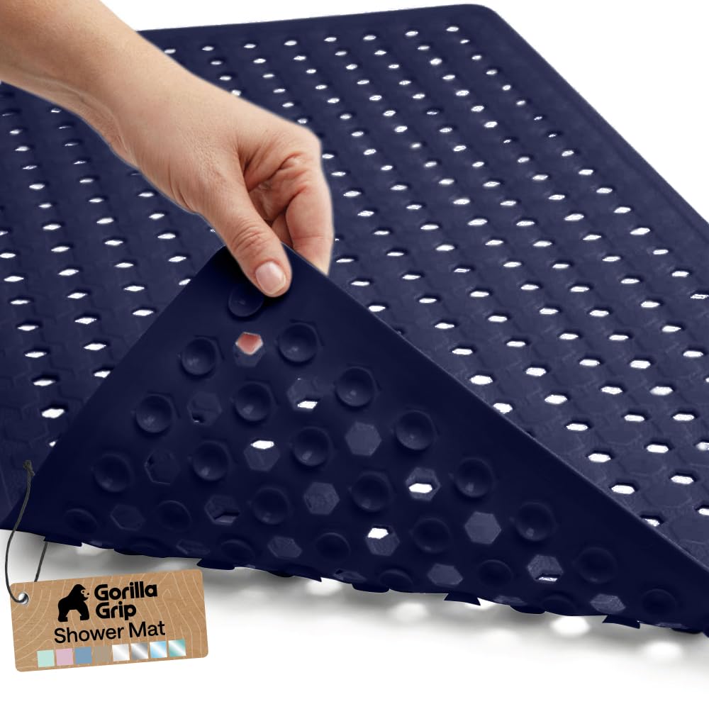 GORILLA GRIP Patented Bath Tub Shower Mat, Machine Washable Bathtub Floor Liner Mats, Suction Cups and Drain Holes to Keep Tubs Clean, Soft on Feet, Bathroom Essentials, 35x16 Inch, Navy Opaque