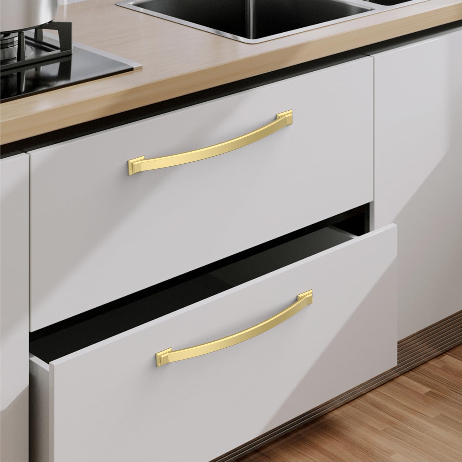 Amerdeco 10 Pack Gold Cabinet Pulls, 7.5 Inch (192mm) Hole Center, Zinc Alloy - Drawer Handles for Kitchen & Bathroom, AM035 - Image 3