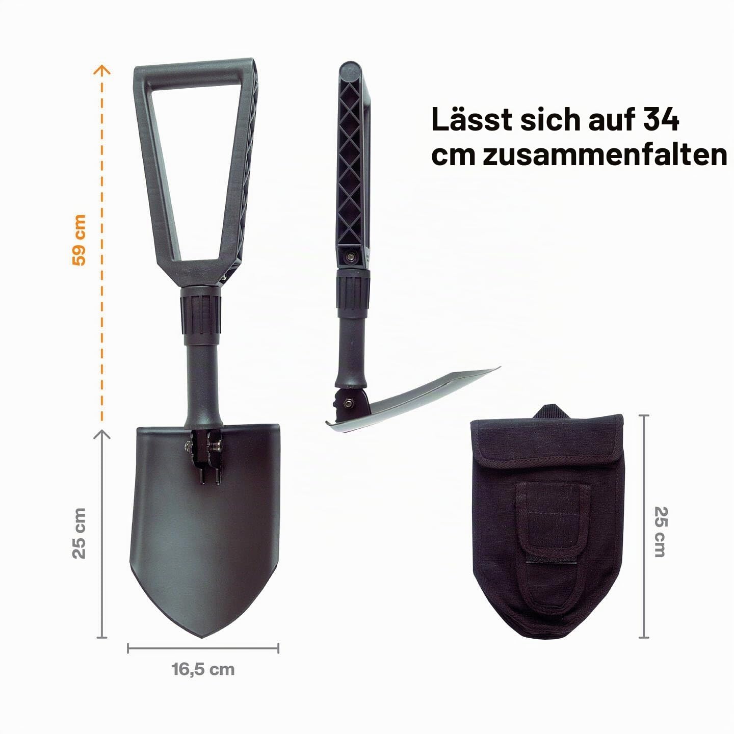 Fiskars Klappspaten für Camper und Bergsteiger, Auch als Schaufel und Hacke einsetzbar, Mit Canvas-Tasche, Länge (ausgeklappt): 59 cm, Gehärteter Borstahl, Schwarz, 1000621