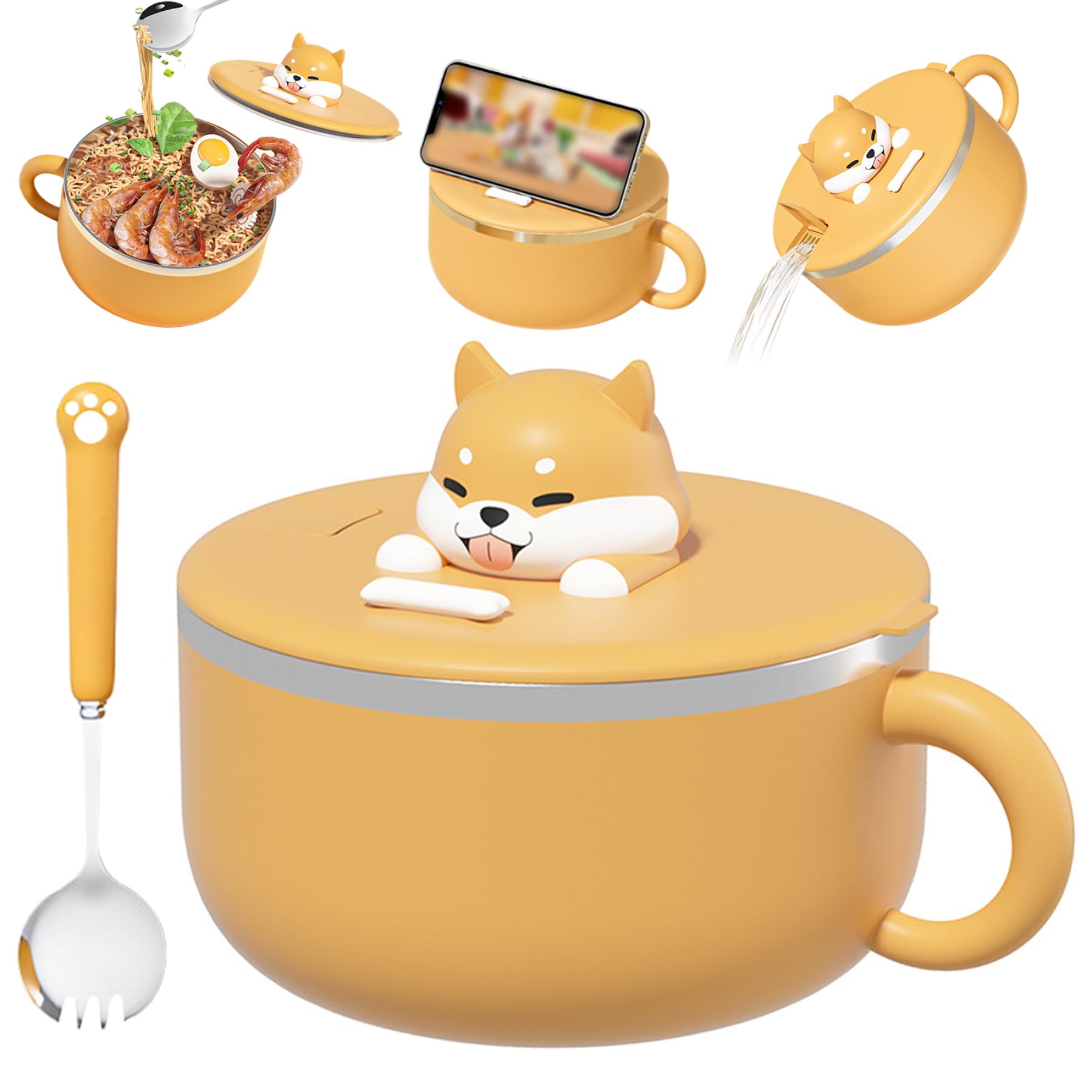Ramen bol avec couvercle, bol de nouilles instantanées, bol de ramen de 1200 ml avec poignée et couvercle cuiseur ramen portable avec salade de cuillère à lunch basse de cuisine bol pour dortoir à la