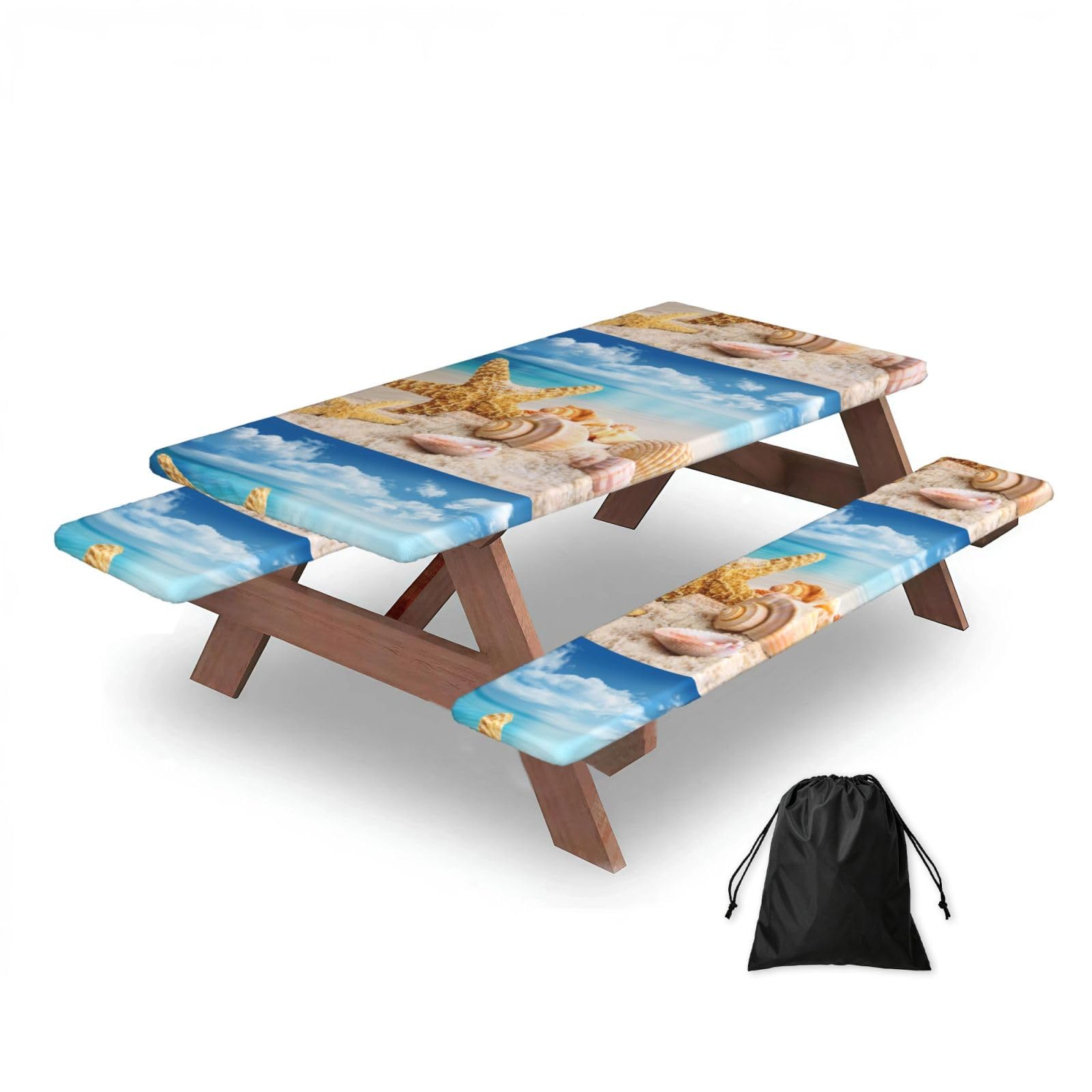 Starfish And Seashells On Beach, Picnic Table Cover With Bench Covers -Waterproof Elastic Fitted Tablecloth for Garden Camping Patio 76x152cm