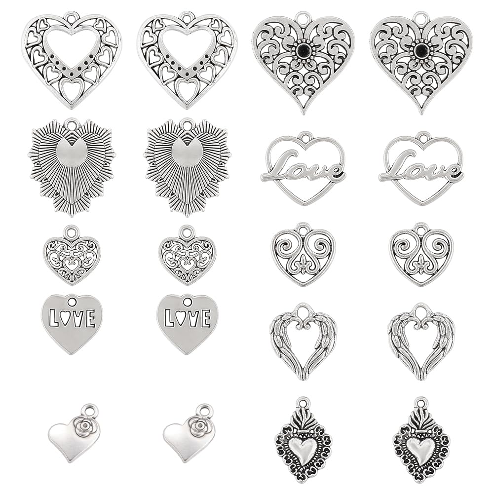 SUNNYCLUE 1 Box 80Pcs Heart Charms Hearts Charm Valentine's Day Tibetan Style Antique Silver Heart Love Charm Sacred Charms Angel Wing Filigree Hollow Heart Charm Pendants for jewellery Making Charms