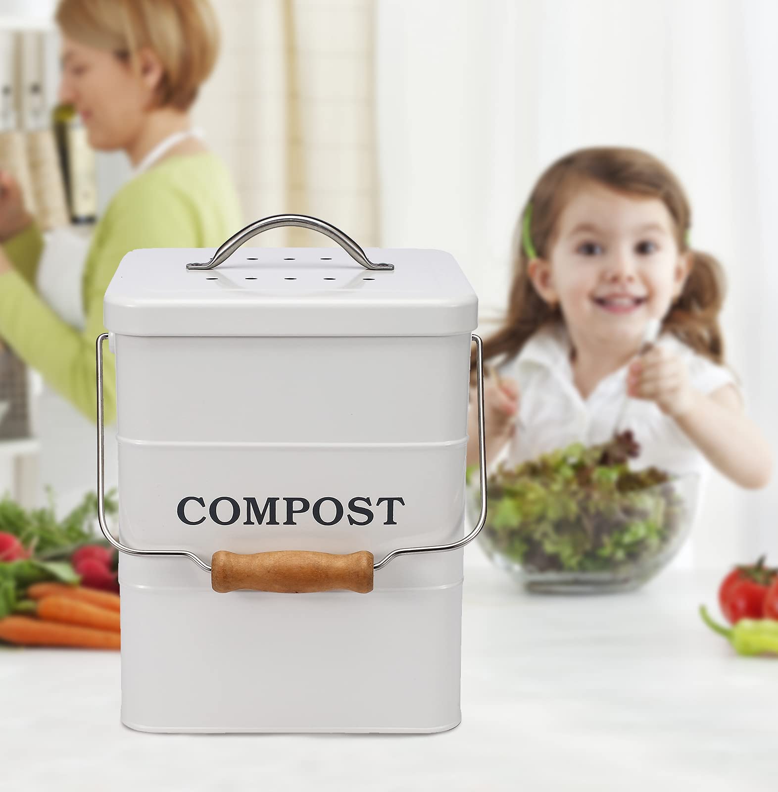 Compostbak keuken, Compostbak voor Binnen, met Deksel en Houtskoolfilters, Roestvrijstalen Roestbestendige Compostemmer, Keukencomposter voor Voedselresten, Afvalrecycling