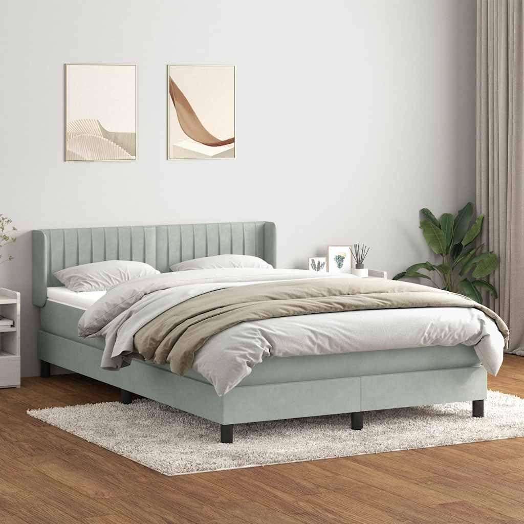 Samt Taschenfederkern Boxspringbett Grau 160x210 cm | Boxspringbett mit Matratze Hellgrau 160x210 cm Samt Bett mit Kopfteil Taschenfederkern Matratze und Topper