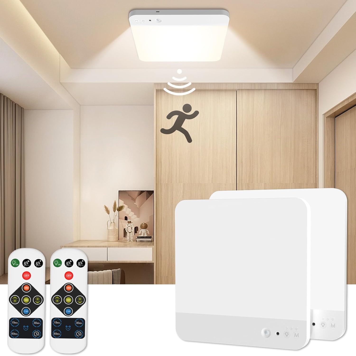 TOOWELL Rechargeable Motion Sensor Ceiling Light with Remote, Battery Operated Closet Lights, Magnetic Wireless Motion Activated Light Indoor for Closets Shower Pantry Stairs Hallway 2 Pack