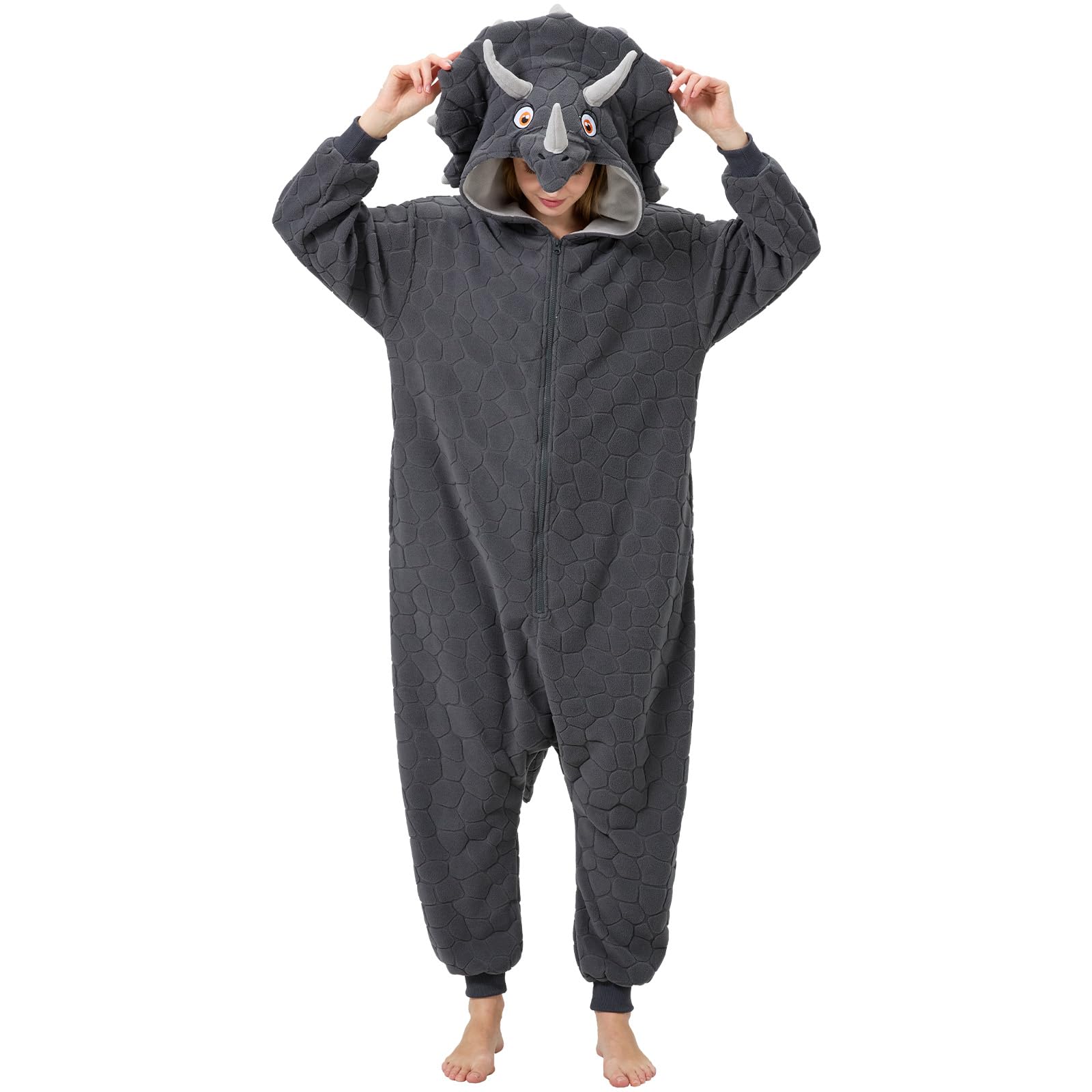 AMAMHAHAVA Dinosaur Costume Triceratops Onesie Pajamas for Adults Dino One-Piece Animal Halloween Cosplay Homewear