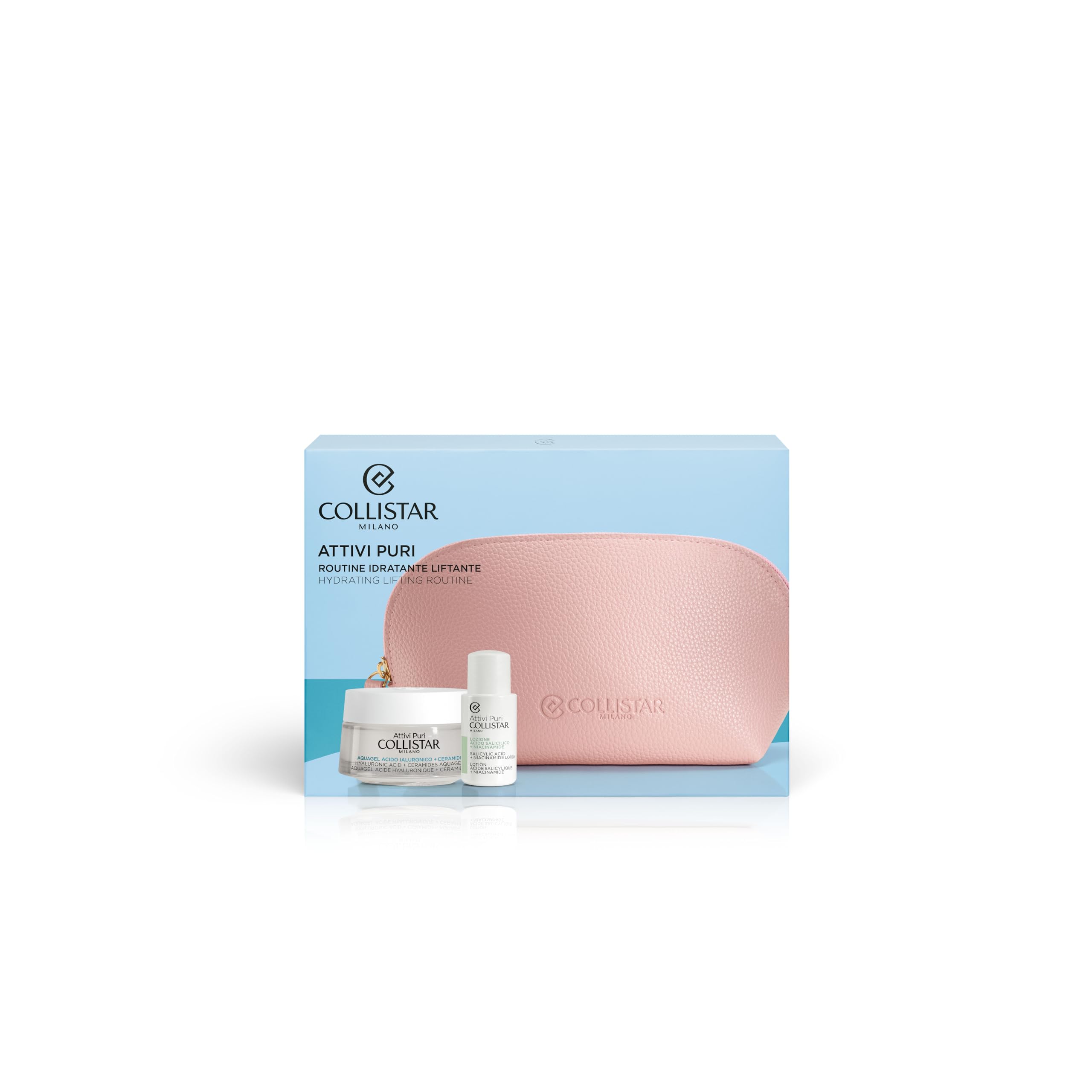 Collistar Attivi Puri Cofanetto Donna, Kit Viso Regalo con Pochette e Trattamento Viso Idratante e Liftante con Acido Ialuronico e Peptidi, Kit Viso Completo per una Pelle Luminosa, 50+15 ml