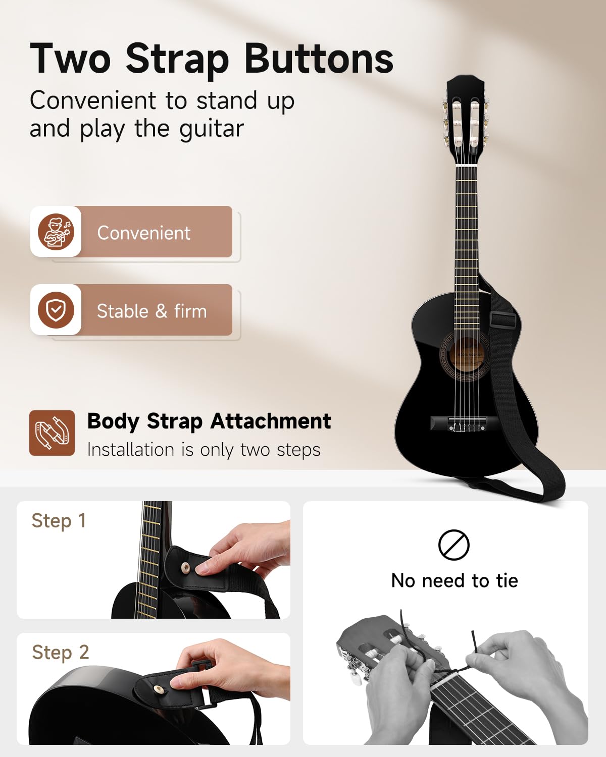 Guitarra acústica de 30 pulgadas para principiantes, niños y niñas de 1/4 tamaño junior, cuerda de nailon, guitarra clásica acústica con póster de acordes, bolsa de concierto, afinador, púas, cuerdas de nailon, cejilla, tela, correa, color negro 7