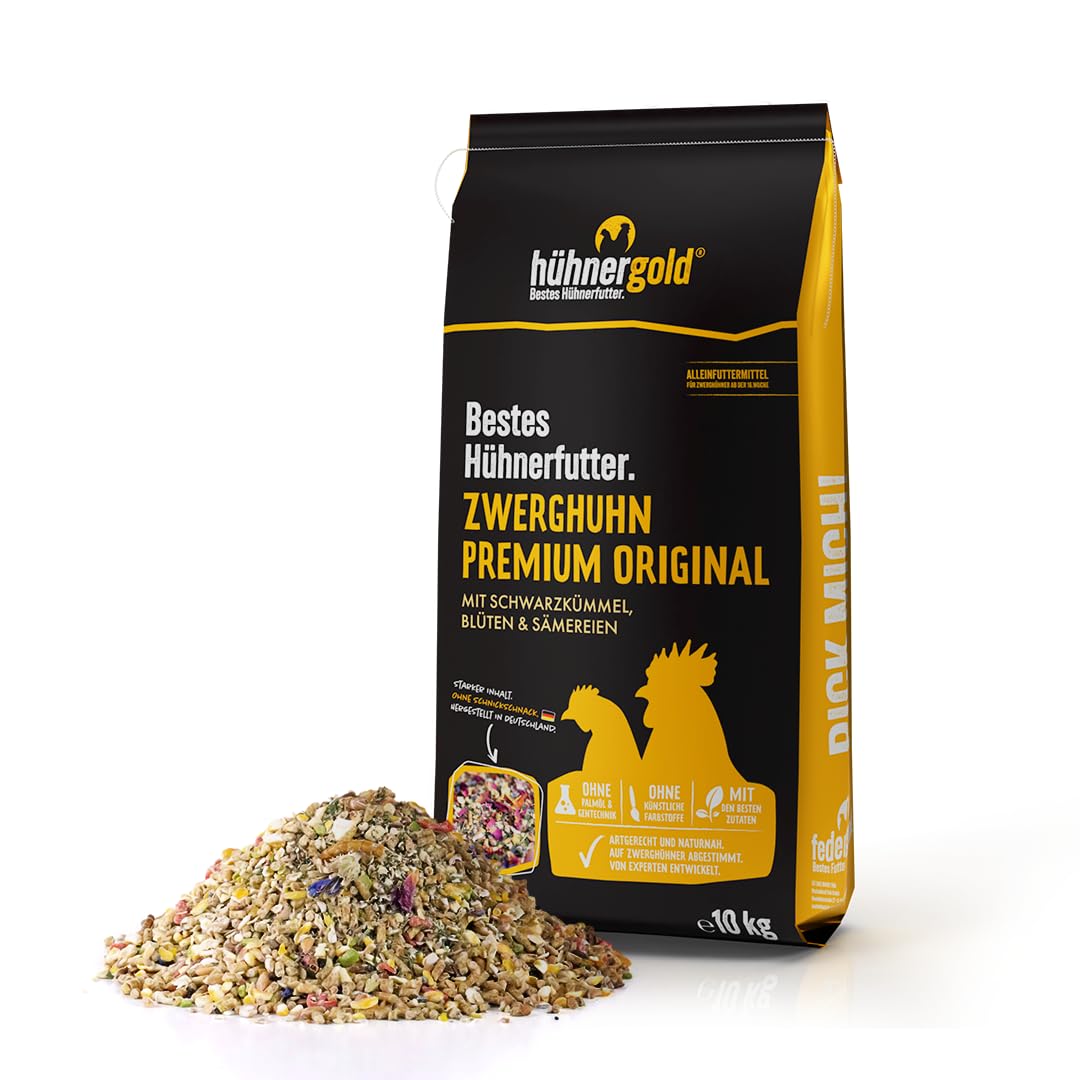 hühnergold Zwerghuhn Premium 20kg (2x10kg) Alleinfutter | Mit Kräutern, Blüten & Insektenprotein – Alleinfutter für Zwerghühner für Vitalität, Verdauung & ausgewogene Ernährung
