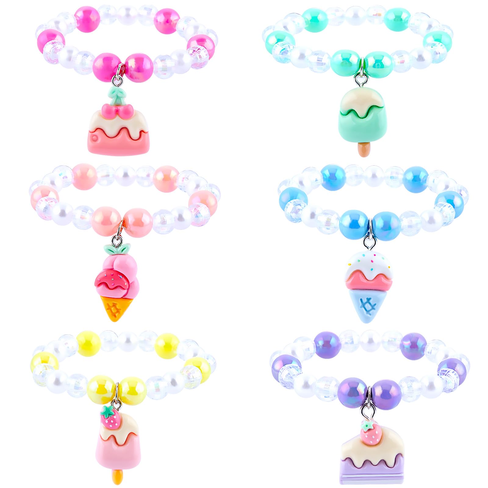 Niceup 6pcs Girls Pastel Sweets Play Jewelry Bracelets with Cute Charms Ice-cream Popsicle Cake Strawberry Cherry Dessert Charm Party Favor Bag Fillers for Little Kids Costume Dress-up Jewel