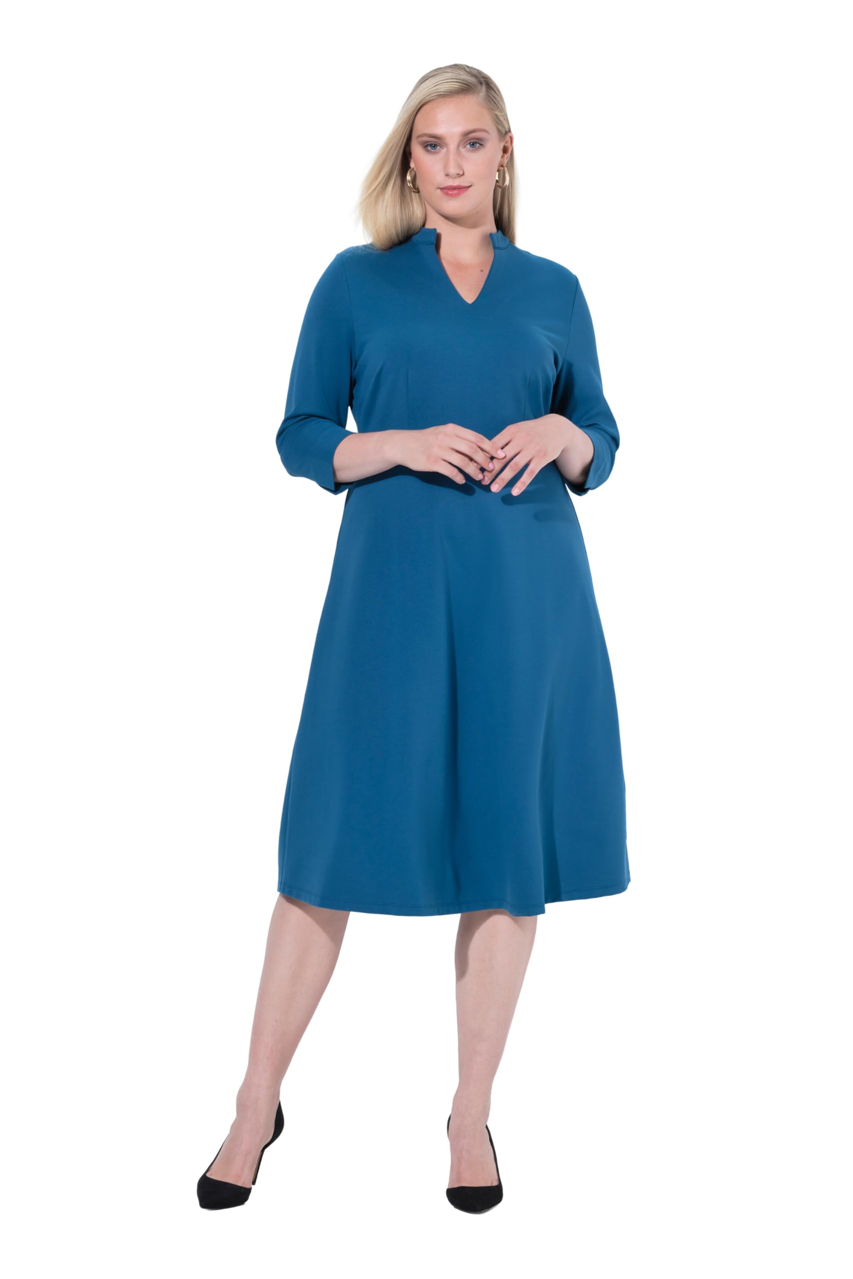 Ulla Popken Damen große Größen Übergrößen Plus Size Punto-di-Roma-Kleid, A-Linie, V-Ausschnitt, 3/4-Arm 827043