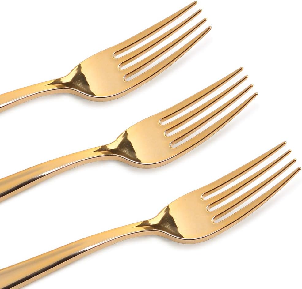 I00000 72 Pieces Gold Dessert Plates 7.5" with 72 Pieces Gold Plastic Forks 7.4", Heavyweight White with Gold Rim Plastic Plates, Salad Plates and Appetizer Plates for Parties,Wedding & Party
