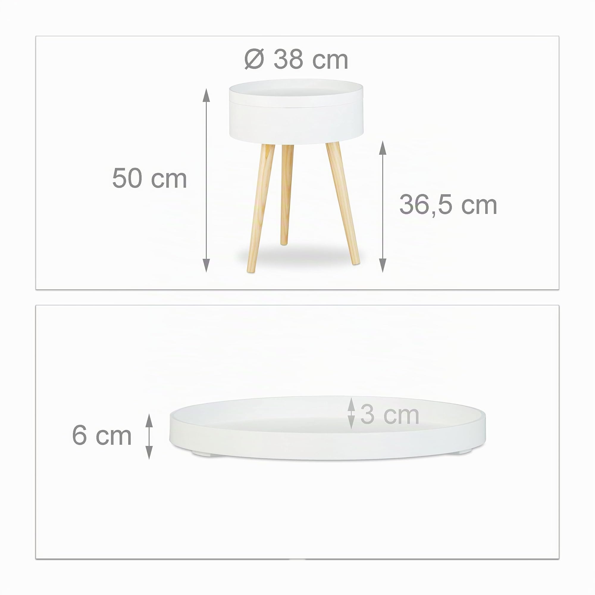 Relaxdays Tavolino da Salotto Rotondo con Vassoio, Design Scandinavo, Mobiletto Basso, HxLxP: 50 x 38 x 38 cm, Bianco