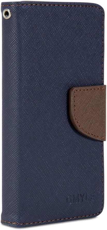 GMYLE iPod Touch 6 Case, Wallet Case Classic for iPod Touch 6th Generation - Navy Blue & Brown PU Leather Slim Stand Case Cover