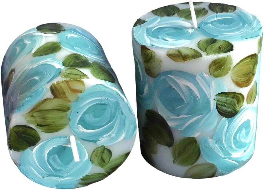 Decorative Set of Two Short White Pillar Candles with Hand Painted Pale Powder Blue Roses Floral Spring Summer Shabby Chic Decor 2 3/4 Inches High