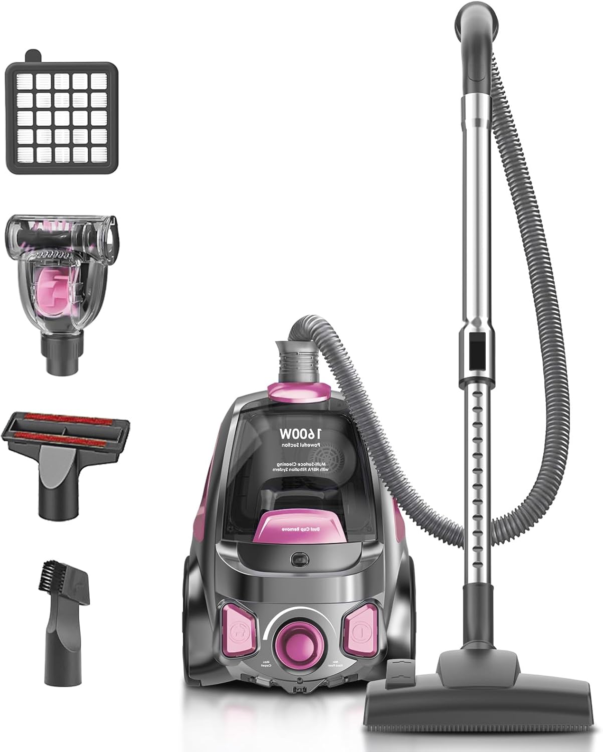 Canister Vacuum Cleaner, 40Kpa 1600W Cyclon Power Bagless Canister Vacuum Cleaners for Home, 3.7QT Large Dust Cup, Lightweight Vac for Hard Floors, Carpets, Pet Hair,Pink