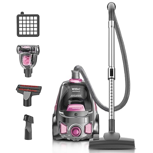 Canister Vacuum Cleaner, 40Kpa 1600W Cyclon Power Bagless Canister Vacuum Cleaners for Home, 3.7QT Large Dust Cup, Lightweight Vac for Hard Floors, Carpets, Pet Hair,Pink