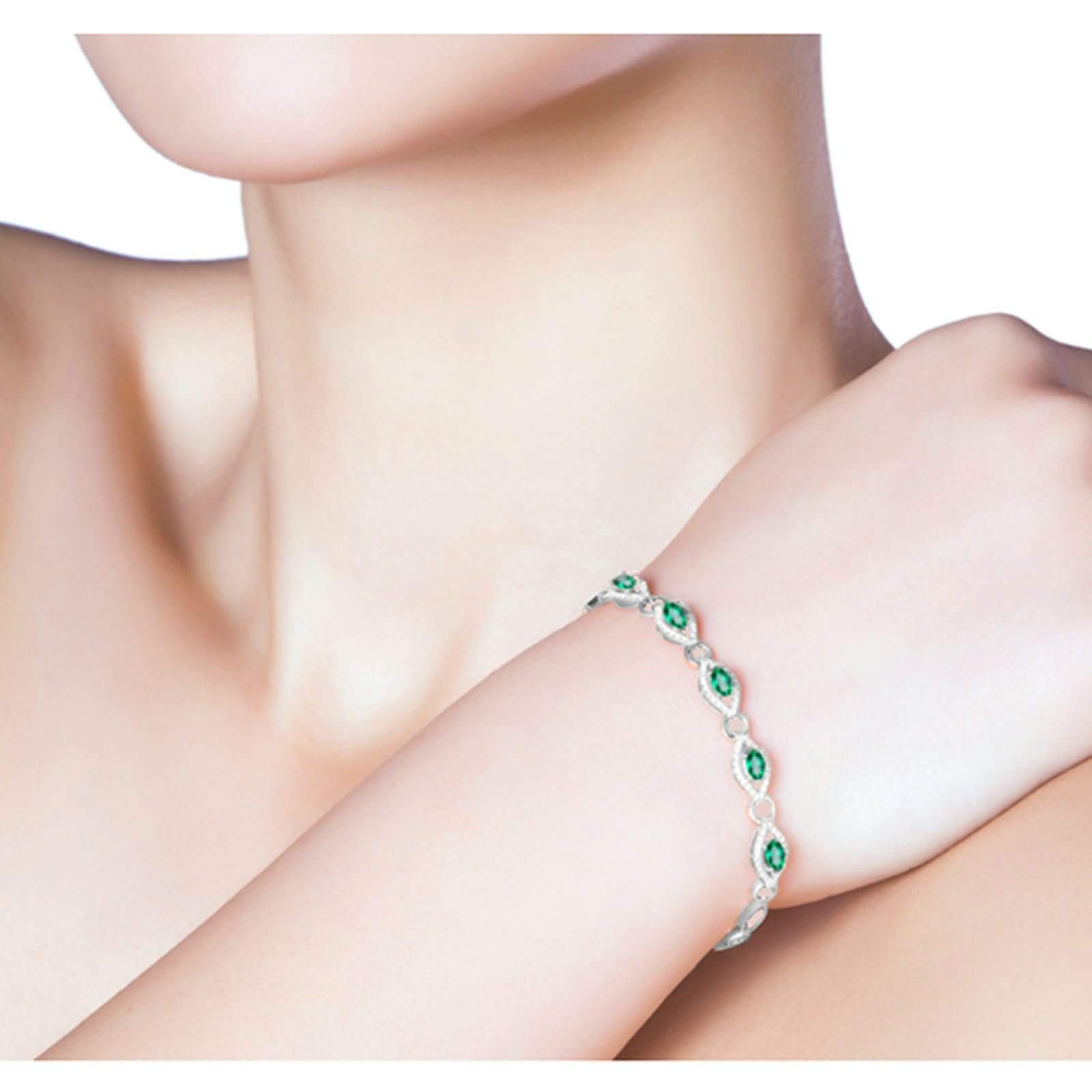 Pulseras Mujer Oro Blanco 9 K / 14 K / 18 K, Oval con Esmeralda Creada de 1,2 ct y Moissanita, Cadena Extensible 16 CM + 5 CM, Pulseras para Mujer Ajustable Plata Verde