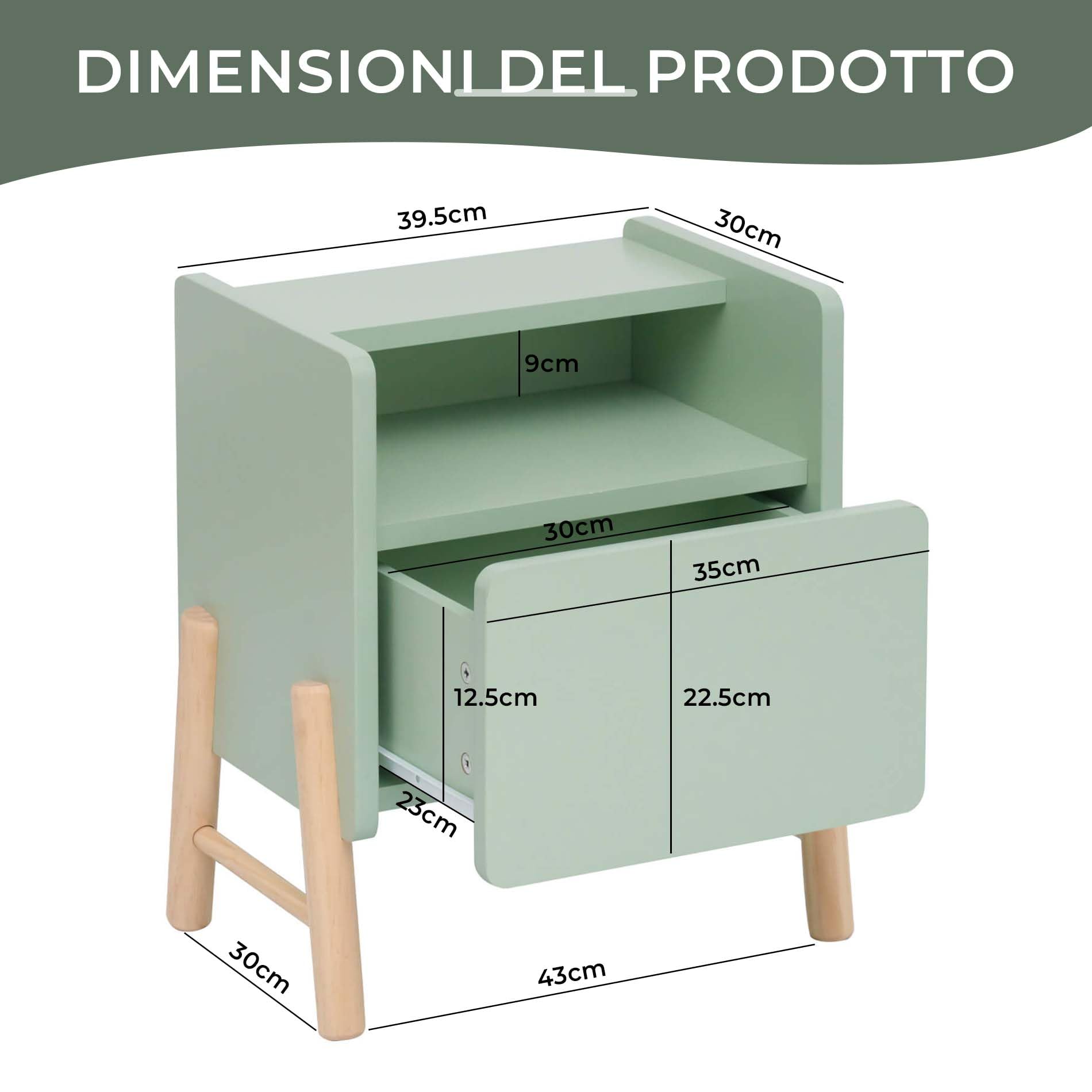 Rebecca Mobili Comodino con 1 Cassetto e 1 Ripiano, Comodino per Cameretta, Verde Acqua Marrone, MDF Pino, Stabile, per Camera Montessori - Misure HxLxP: 49 x 43 x 30 cm - Art. RE7130