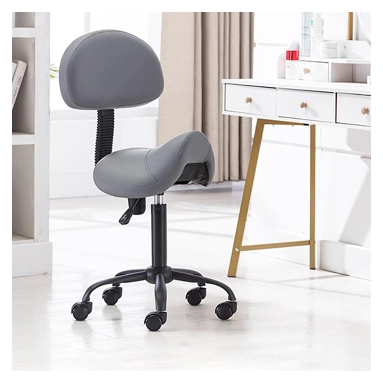 METTEOR Swivel Chair Rolling Stool Hydraulic Saddle Rolling Chair with wheels Height Adjustable Ergonomic Saddle Chair Load 100kg (Dark Gray With Backrest)