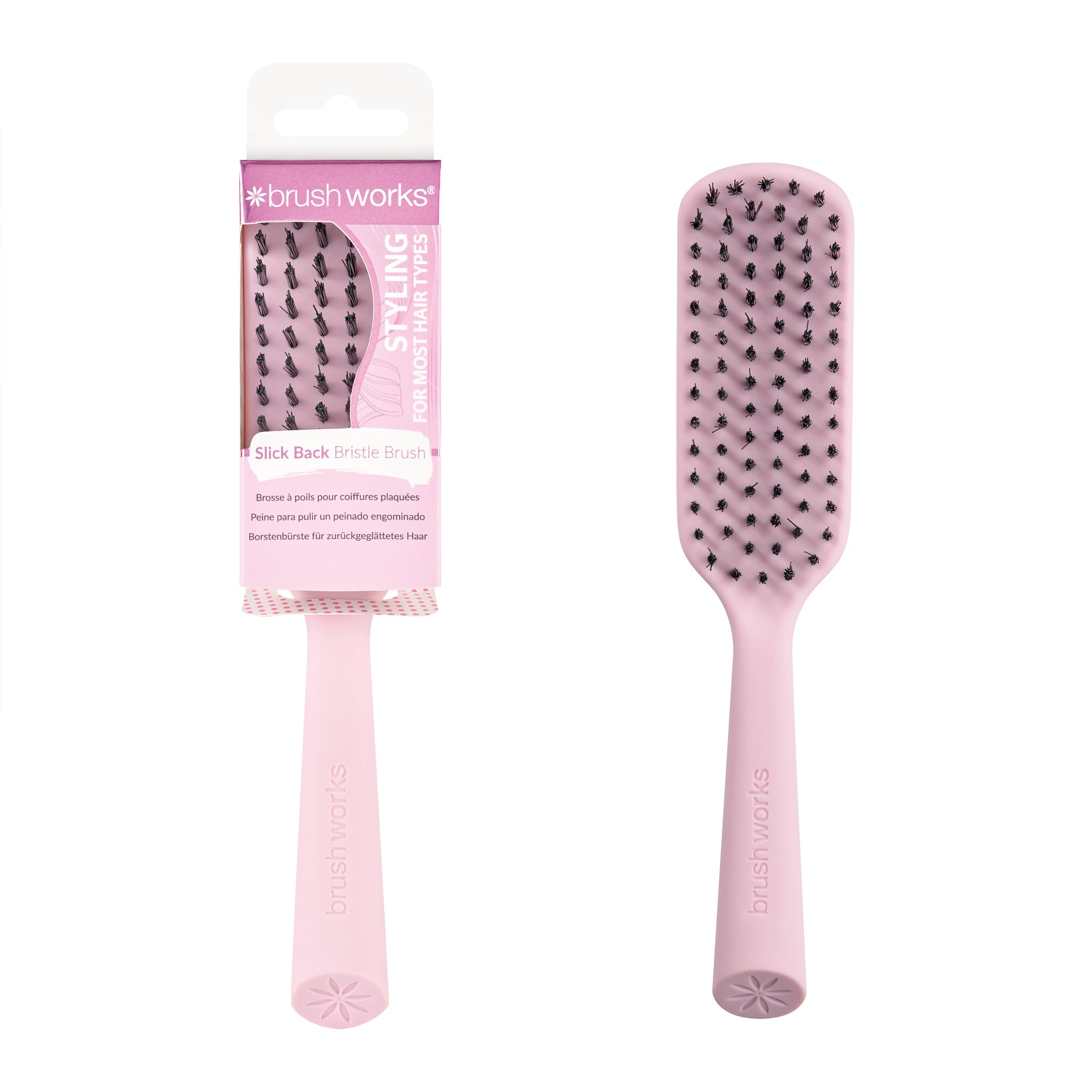 Brushworks Slick Back Bristle Hair Brush – Firm Nylon Bristle Styling Brush for Smooth, Sleek Ponytails, Buns & Updos – Curved Design to Tame Flyaways, Made from 95% Recycled Materials