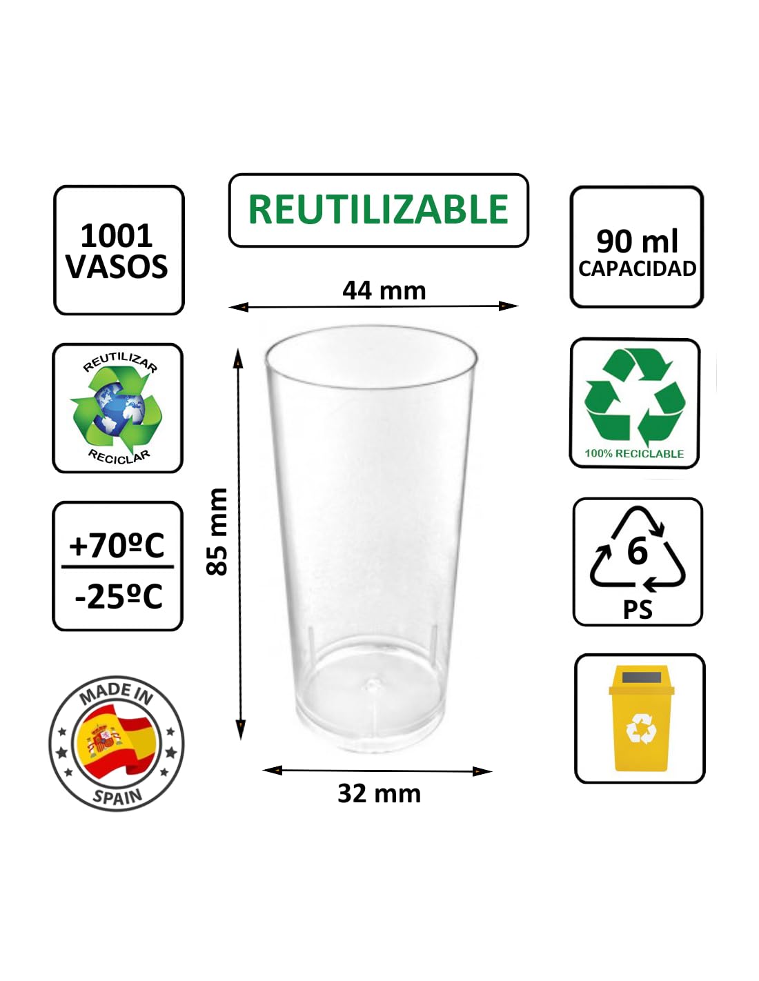 1001 uds - Vaso Catavinos 90 ml - Plástico cristalino (PS) - Color Transparente - Ideal para vino, degustaciones, cava
